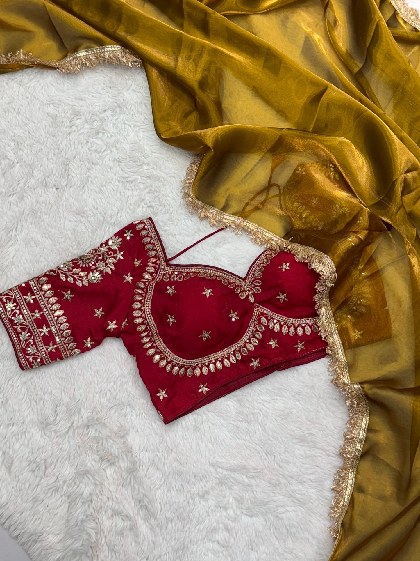 "Elegant Golden Silk Saree with Maroon Embroidered Blouse – Perfect for Weddings and Festive Occasions"