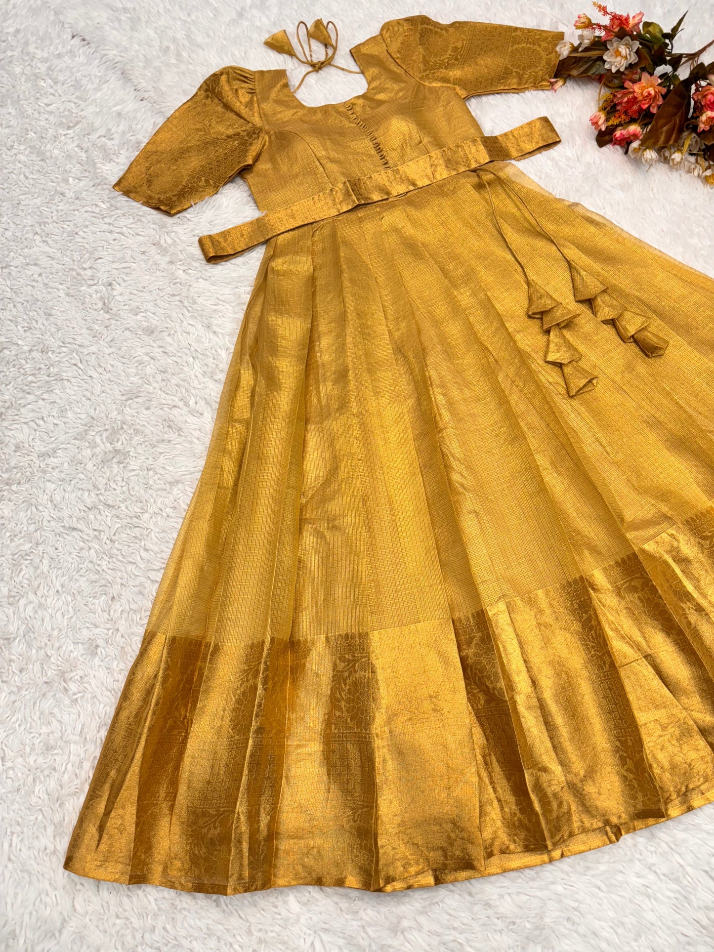 Golden Tissue Silk Gown for Women - Elegant Full-Length Party Wear Dress