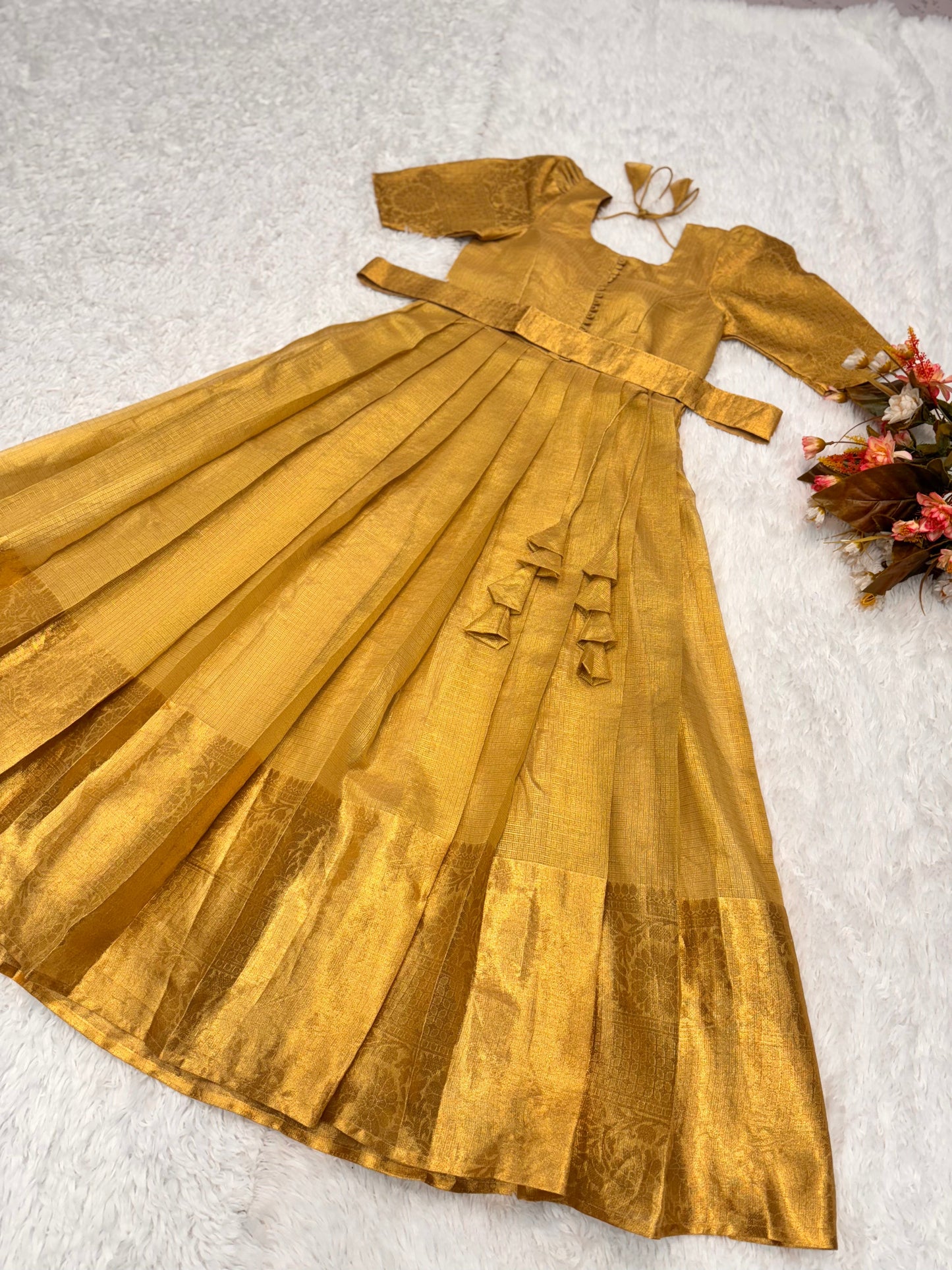 Golden Tissue Silk Gown for Women - Elegant Full-Length Party Wear Dress