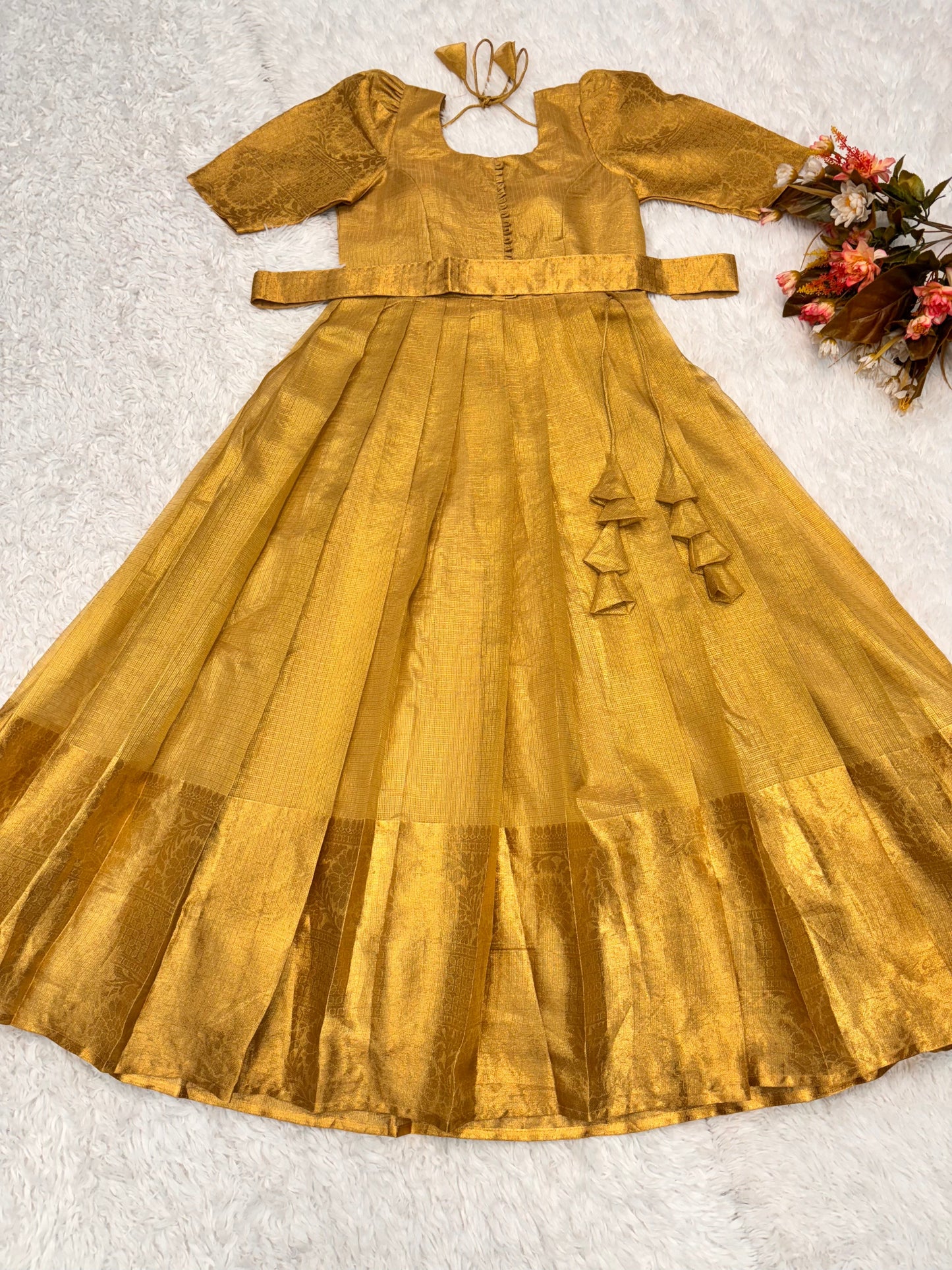 Golden Tissue Silk Gown for Women - Elegant Full-Length Party Wear Dress