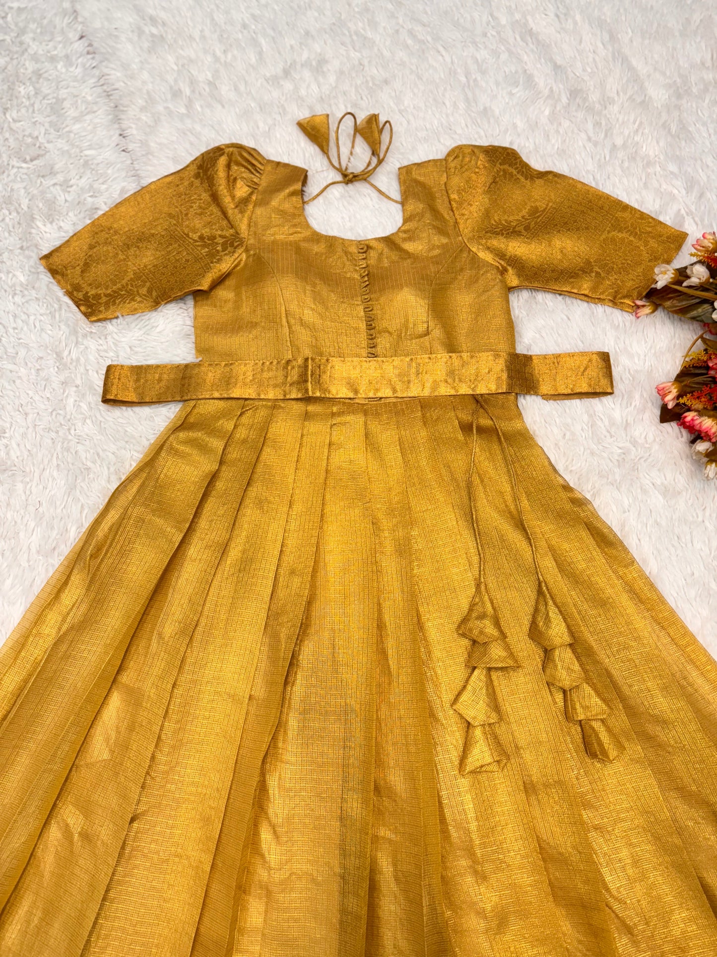 Golden Tissue Silk Gown for Women - Elegant Full-Length Party Wear Dress