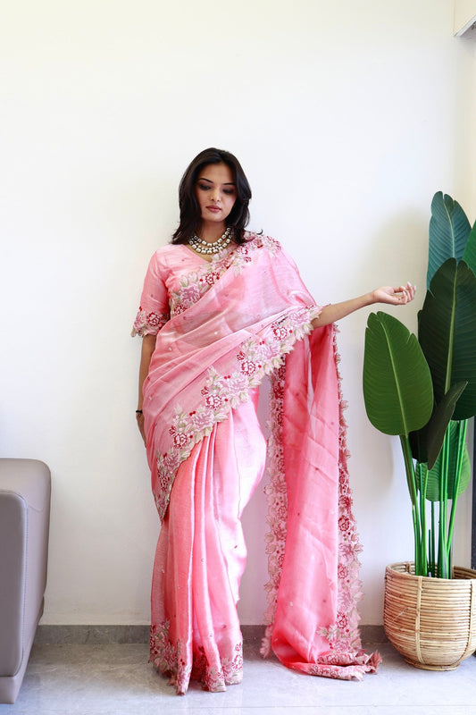 NEW COLOR BURBARY JIMMY CHOO SHINY EMBROIDERY WORK SAREE WITH UNSTICHED BLOUSE