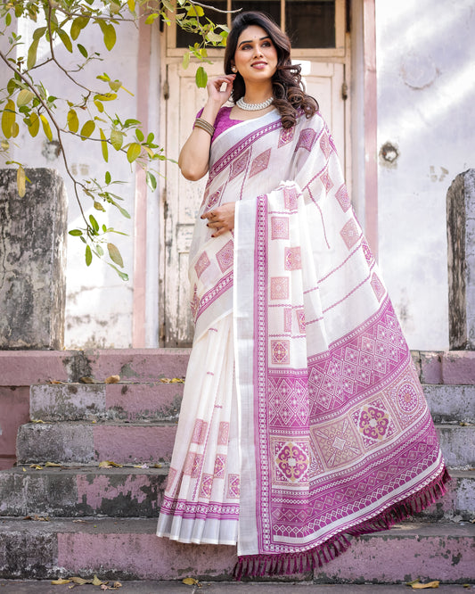 Elegant Multicolor Linen Saree with Traditional Patterns | Lightweight Festive Wear