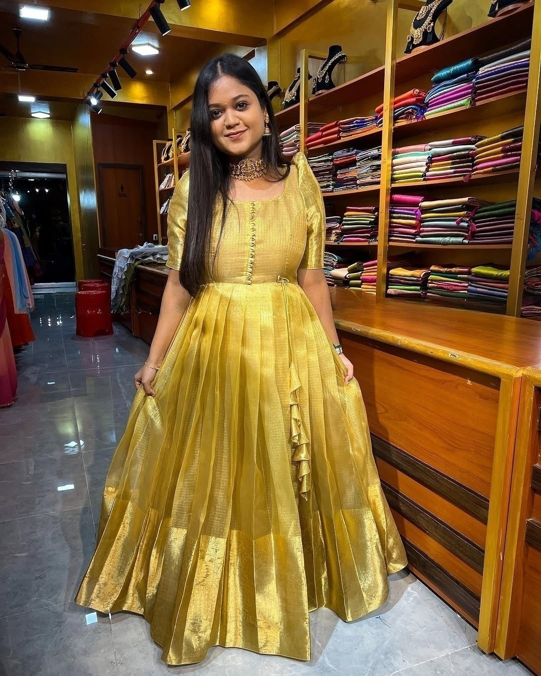 Golden Tissue Silk Gown for Women - Elegant Full-Length Party Wear Dress