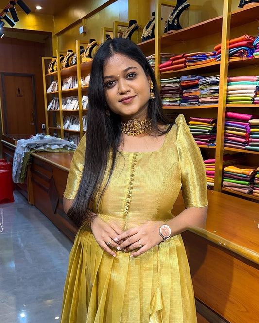 Golden Tissue Silk Gown for Women - Elegant Full-Length Party Wear Dress