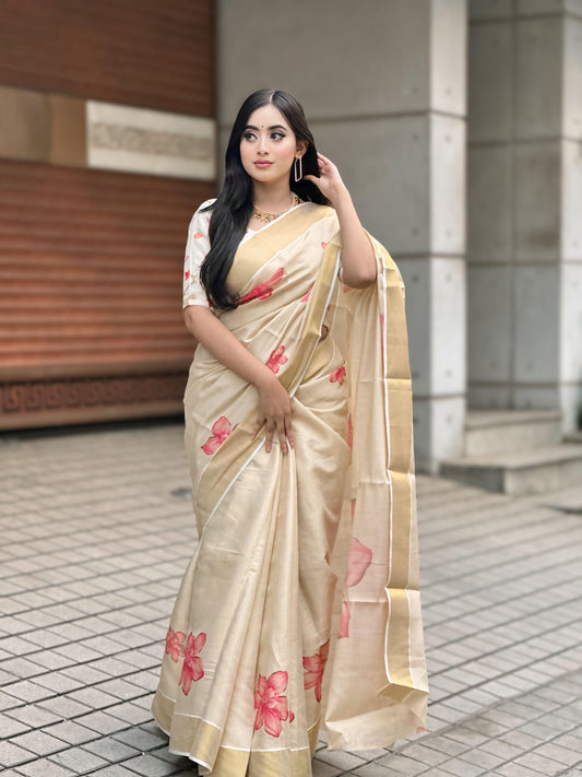 Elegant Beige Floral Print Gold Tissue Silk Saree for Women - Traditional Indian Attire with Pink Blossom Design