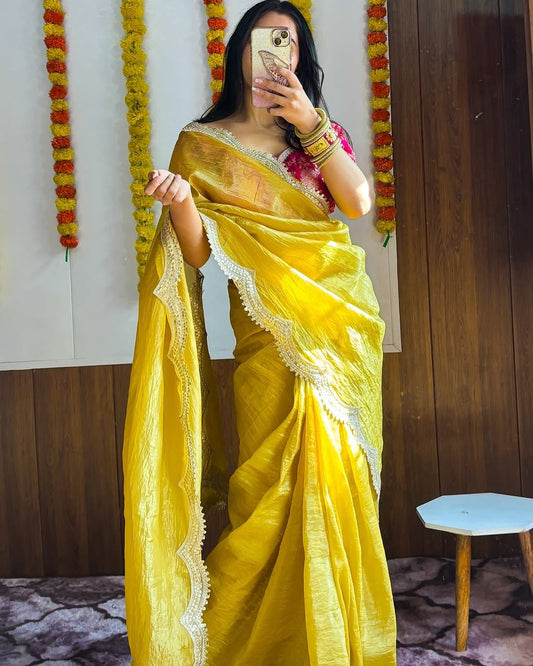Gold Crush Saree with Embroidery Patti Border & Embroidered Blouse - Festive & Wedding Wear