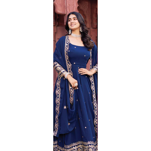 Faux Georgette Designer Gown Set with Front & Back Thread-Sequin Work | 3-Piece Set | 4 Colors