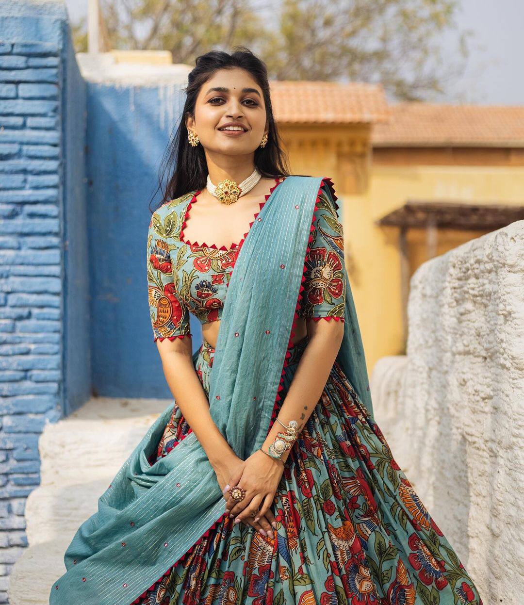 Elegant kalamkari lehenga , light shades to complement to create beautiful aura in all function