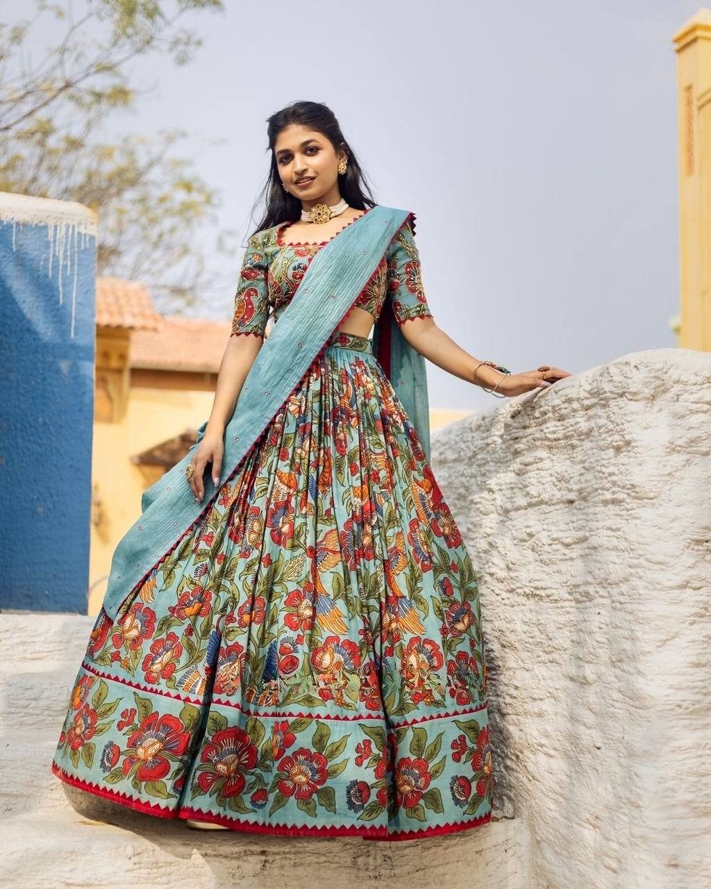 Elegant kalamkari lehenga , light shades to complement to create beautiful aura in all function