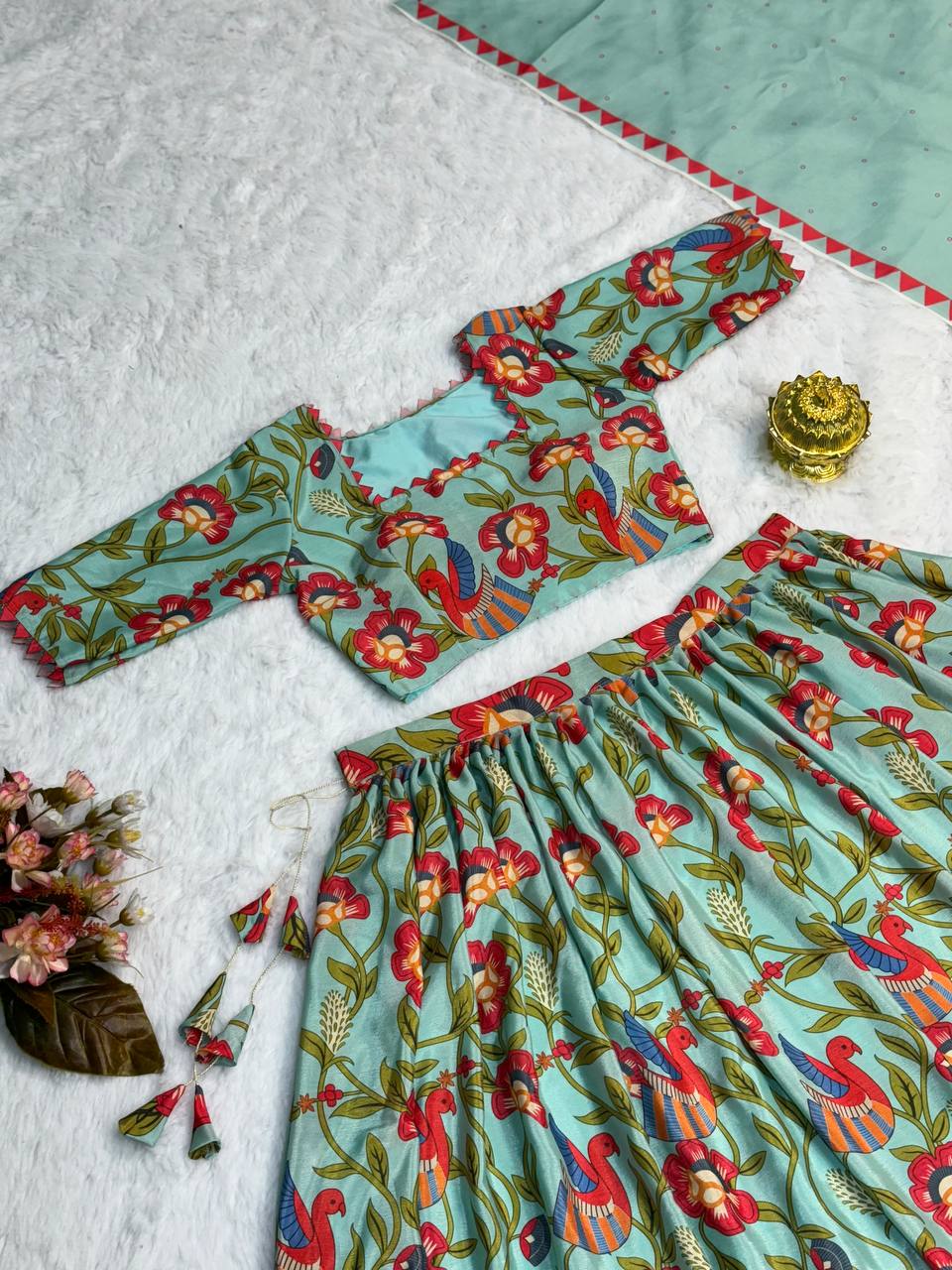 Elegant kalamkari lehenga , light shades to complement to create beautiful aura in all function