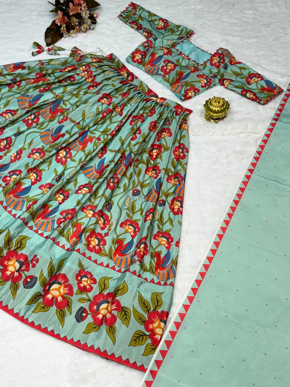 Elegant kalamkari lehenga , light shades to complement to create beautiful aura in all function