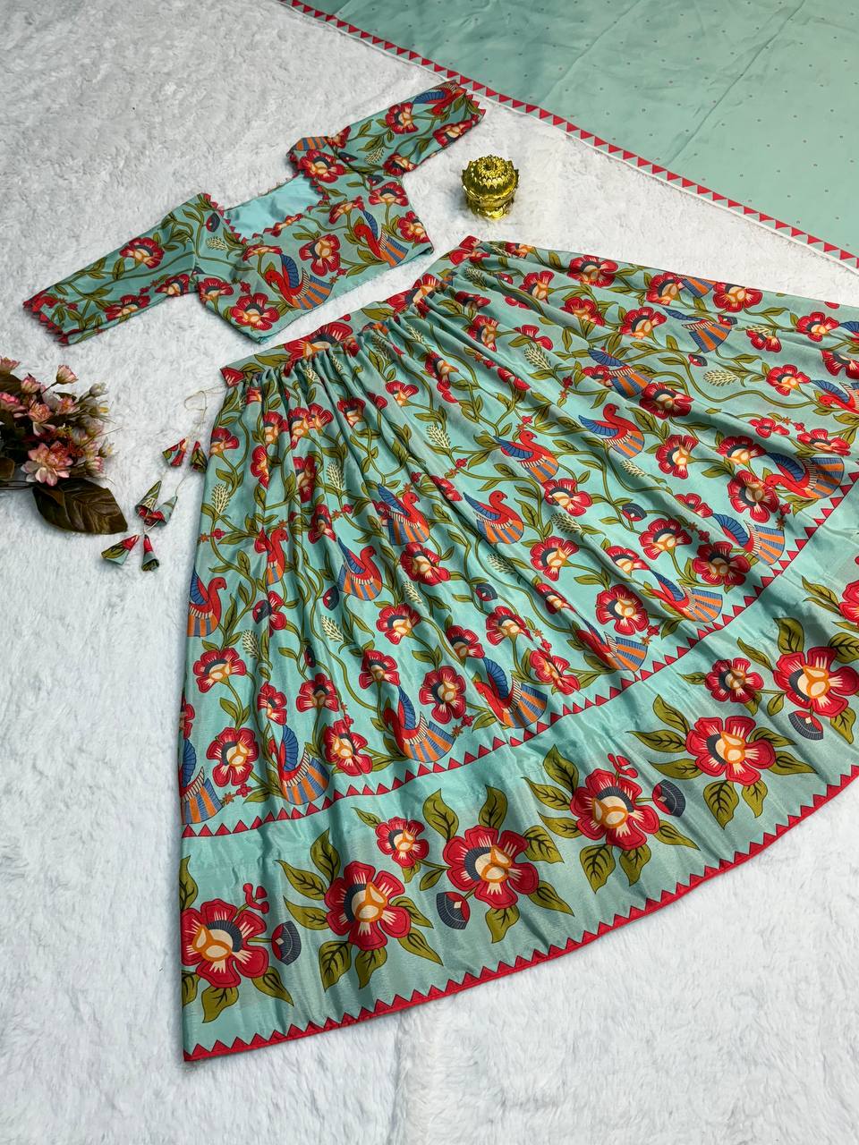 Elegant kalamkari lehenga , light shades to complement to create beautiful aura in all function
