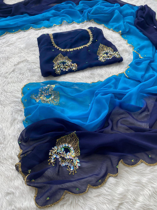 Elegant Sunset-Gradient Saree in Organza Fabric