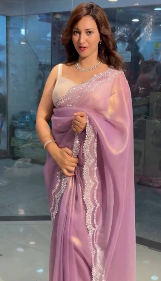 Lavender Tissue Tweel Net Saree with Diamond Cutwork and Embellished Blouse