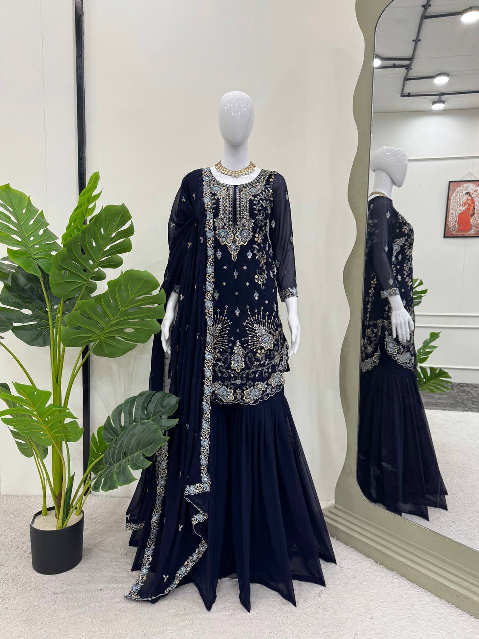 Premium Faux Georgette Sharara Set – Thread & Sequin Work | Front & Back Embroidery | With Dupatta