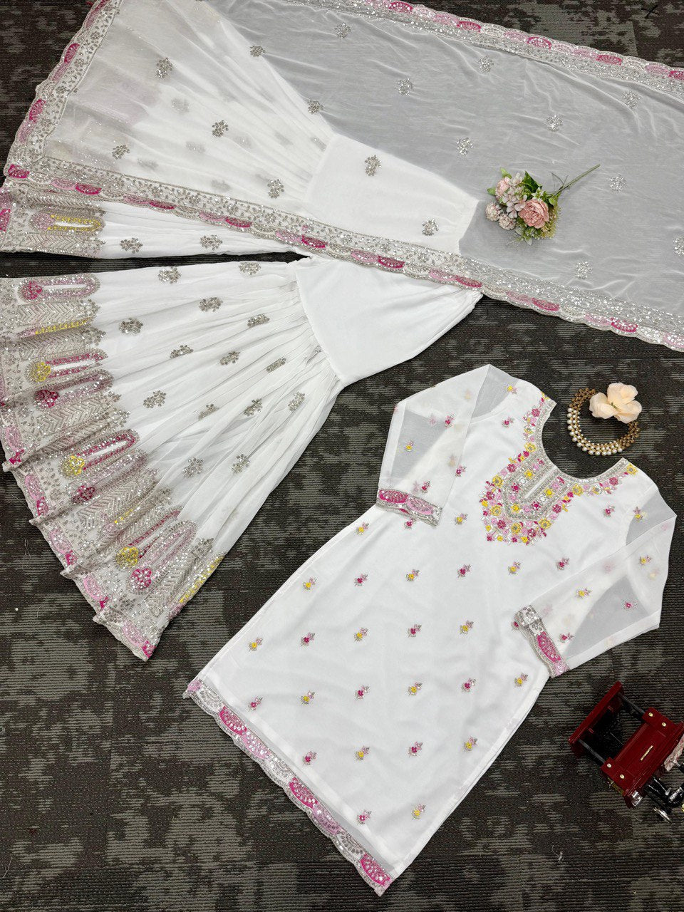 Faux Georgette Embroidered Top & Sharara Set with Dupatta | Front & Back Work | 3-Piece Ethnic Outfit