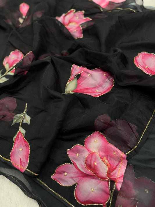 Light & Airy Organza Saree with Intricate Floral Patterns & Designer Finish