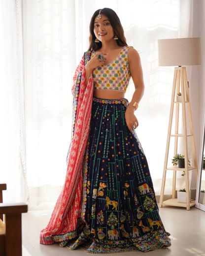 Liecryart Faux Georgette Semi-Stitched Designer Lehenga – Thread & Sequence Work with Heavy Lace, Digital Print Dupatta