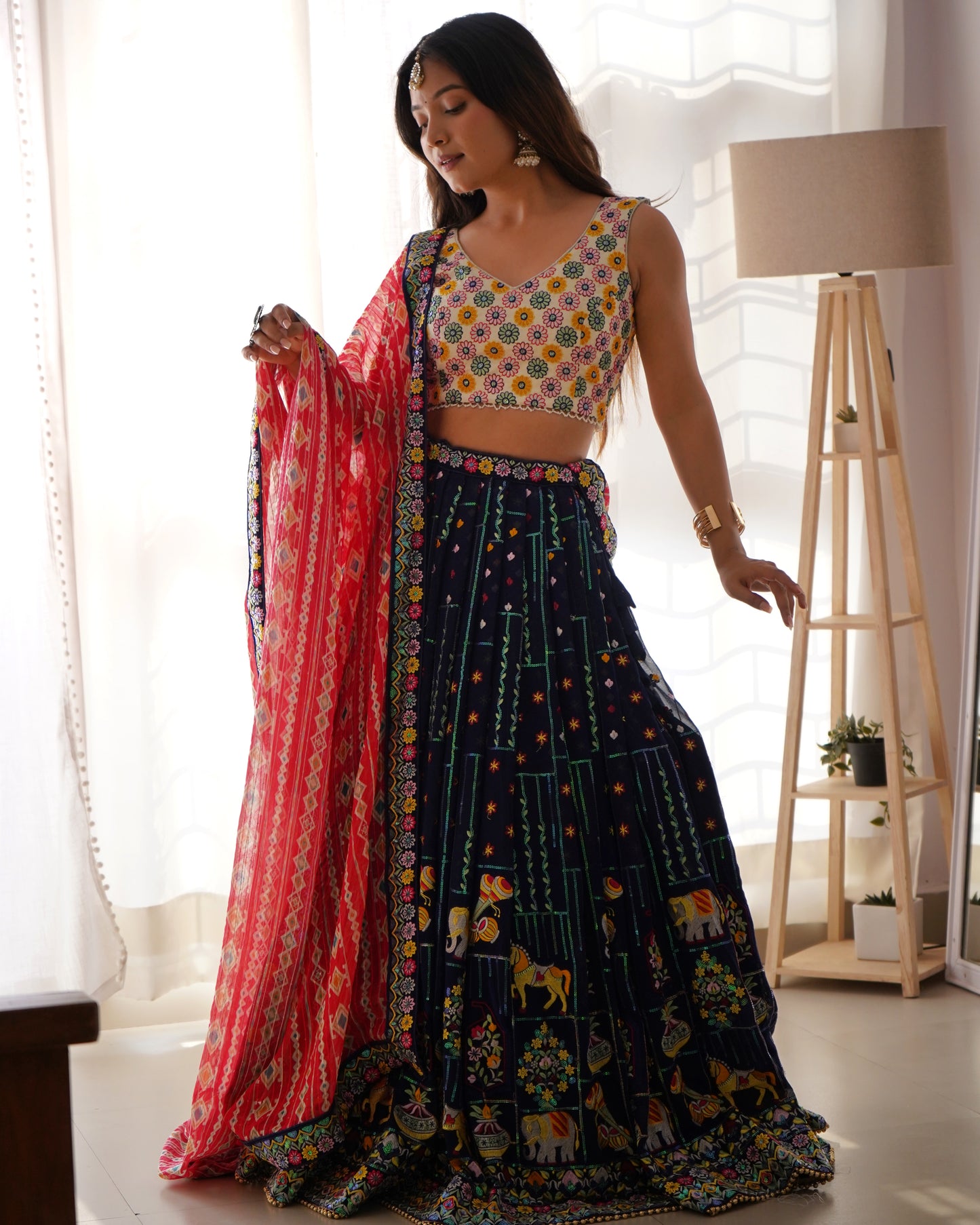Liecryart Faux Georgette Semi-Stitched Designer Lehenga – Thread & Sequence Work with Heavy Lace, Digital Print Dupatta