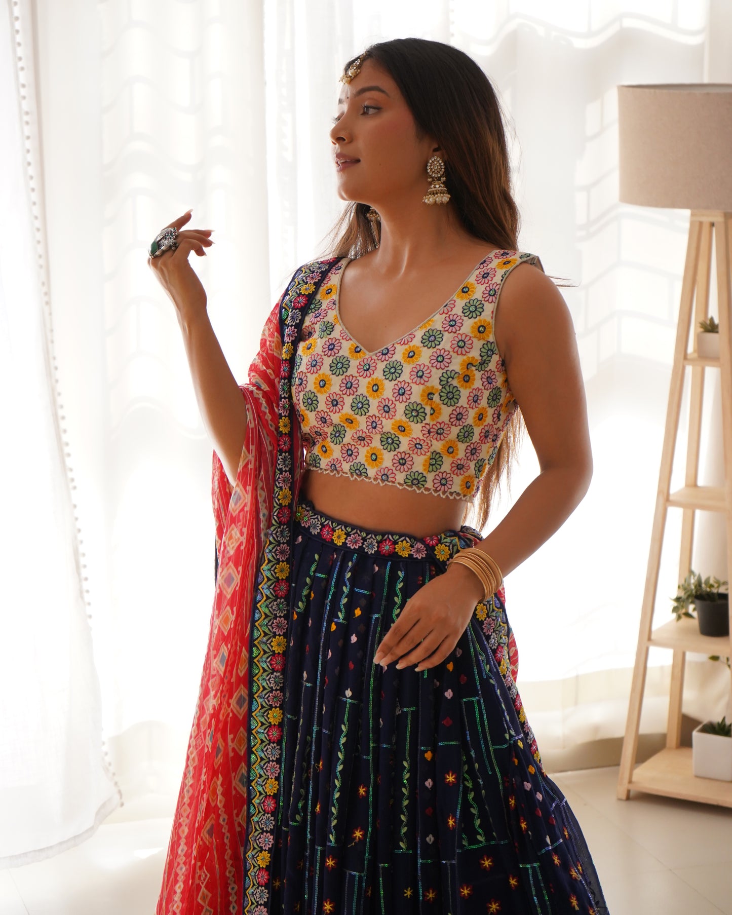 Liecryart Faux Georgette Semi-Stitched Designer Lehenga – Thread & Sequence Work with Heavy Lace, Digital Print Dupatta