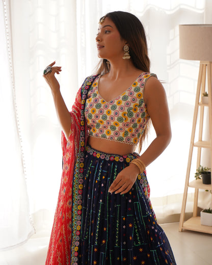 Liecryart Faux Georgette Semi-Stitched Designer Lehenga – Thread & Sequence Work with Heavy Lace, Digital Print Dupatta