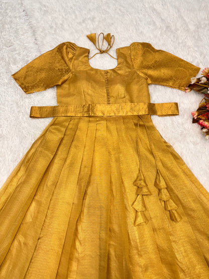 Golden Tissue Silk Gown for Women - Elegant Full-Length Party Wear Dress