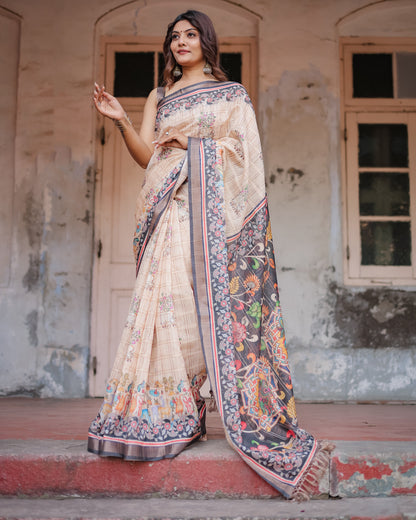 Designer Beige Saree with Contrast Black Pallu & Exquisite Ethnic Patterns