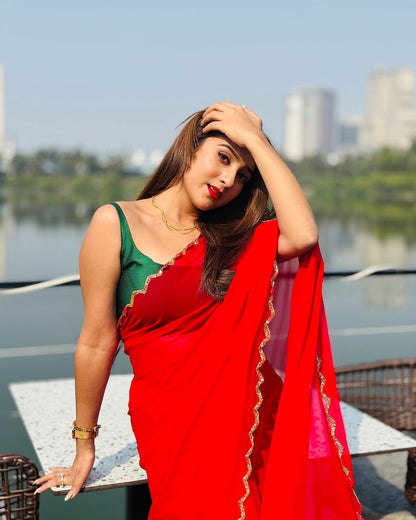 Elegant Red Saree with Golden Handwork Border & Green Blouse – Festive & Party Wear