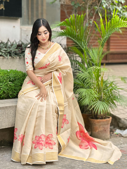 Elegant Beige Floral Print Gold Tissue Silk Saree for Women - Traditional Indian Attire with Pink Blossom Design
