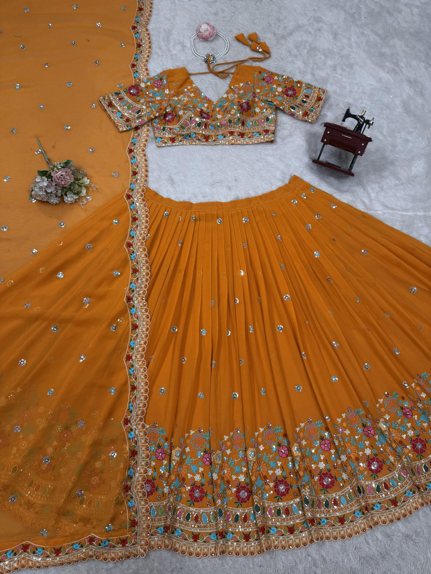 Elegant Foux Georgette Lehenga Choli Set | Thread & Sequin Work | Full Stitched Lehenga with Side Zip