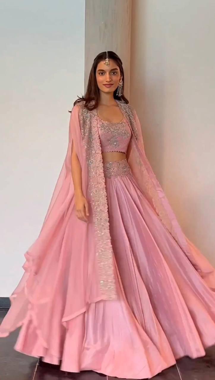 Elegant Pink Chinon Lehenga Choli with Shrug | Thread & Sequin Work | Semi-Stitched | Up to Size 44