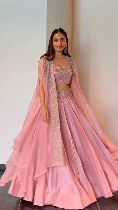 Elegant Pink Chinon Lehenga Choli with Shrug | Thread & Sequin Work | Semi-Stitched | Up to Size 44