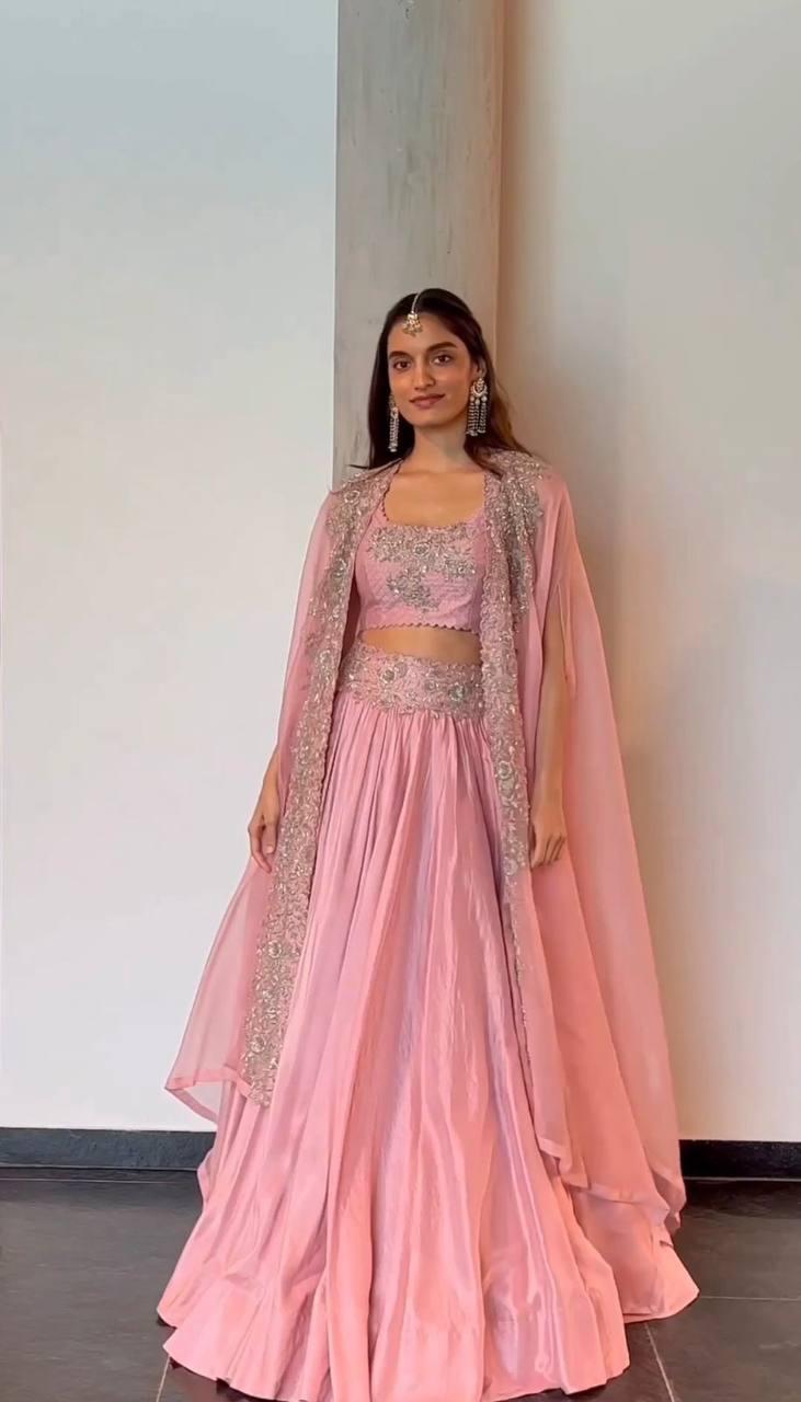 Elegant Pink Chinon Lehenga Choli with Shrug | Thread & Sequin Work | Semi-Stitched | Up to Size 44