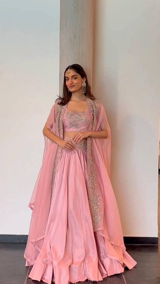 Elegant Pink Chinon Lehenga Choli with Shrug | Thread & Sequin Work | Semi-Stitched | Up to Size 44