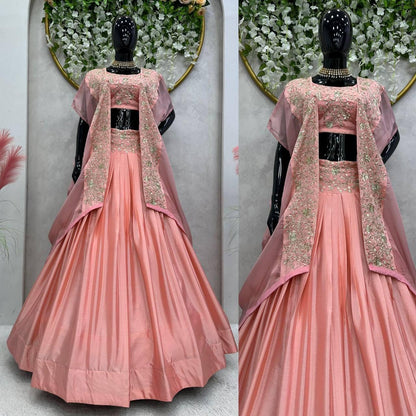 Elegant Pink Chinon Lehenga Choli with Shrug | Thread & Sequin Work | Semi-Stitched | Up to Size 44