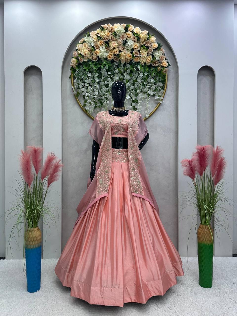 Elegant Pink Chinon Lehenga Choli with Shrug | Thread & Sequin Work | Semi-Stitched | Up to Size 44