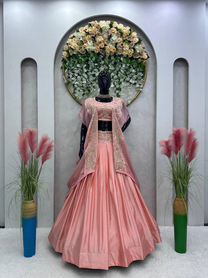 Elegant Pink Chinon Lehenga Choli with Shrug | Thread & Sequin Work | Semi-Stitched | Up to Size 44
