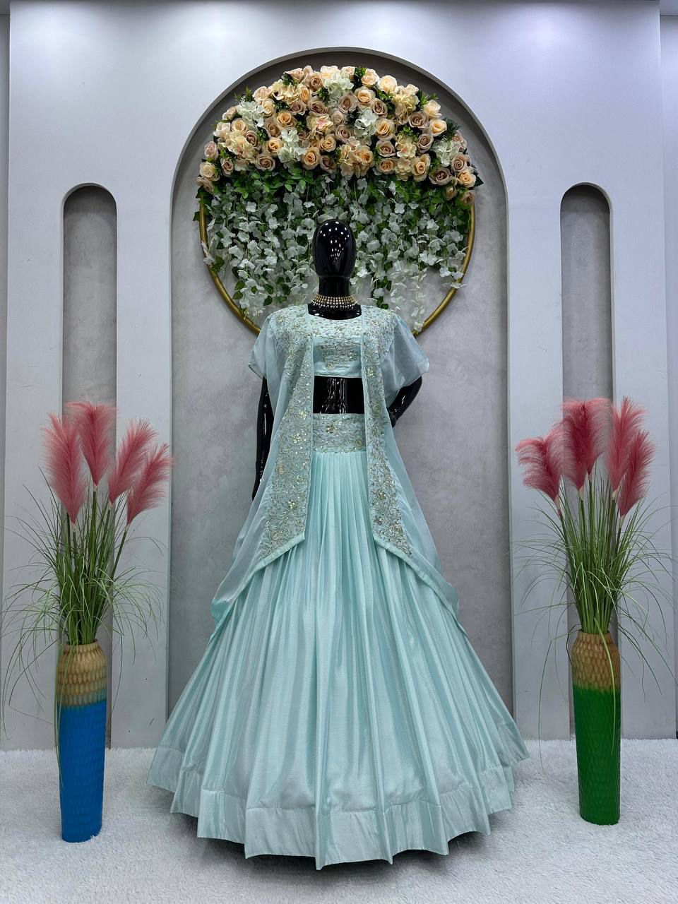 Elegant Pink Chinon Lehenga Choli with Shrug | Thread & Sequin Work | Semi-Stitched | Up to Size 44