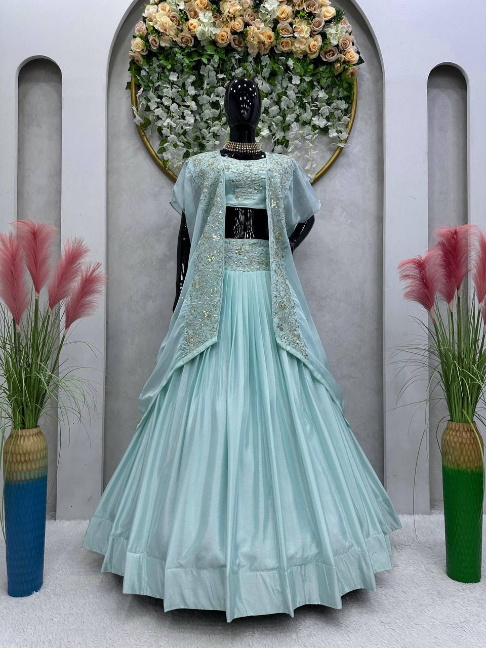 Elegant Pink Chinon Lehenga Choli with Shrug | Thread & Sequin Work | Semi-Stitched | Up to Size 44