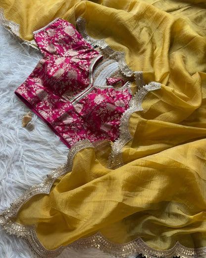 Gold Crush Saree with Embroidery Patti Border & Embroidered Blouse - Festive & Wedding Wear