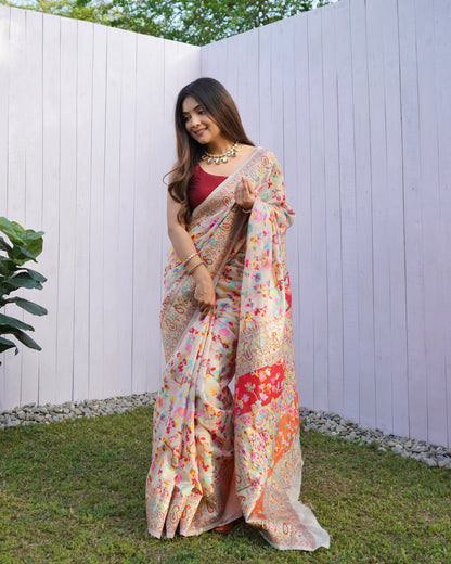 KASHMIRI PASHMINA COTTON KACHHI WORK MULTI THRADE SAREE