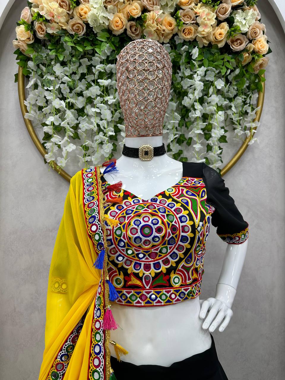 Premium Faux Georgette Lehenga Set – Chain-Stitch & Original Mirror Work | Semi-Stitched | With Dupatta