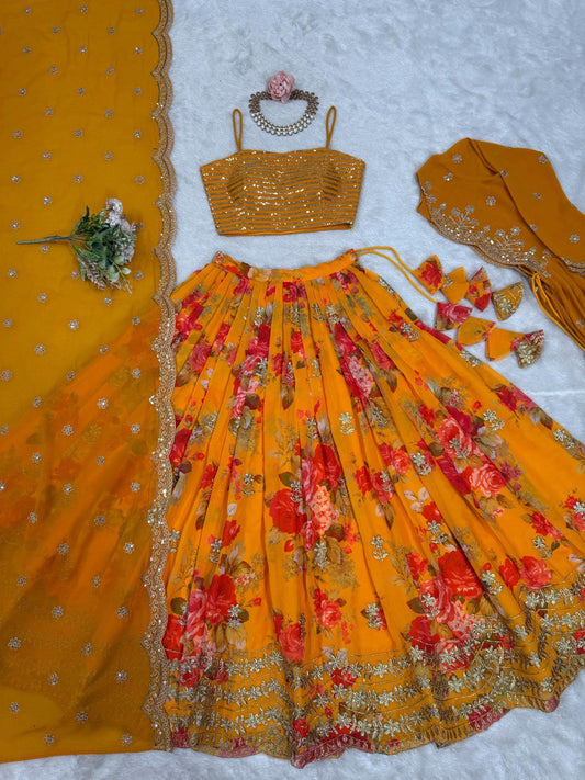 Liecryart Faux Georgette Semi-Stitched Lehenga with Koti – Digital Print, Thread & Sequence Work, Wedding & Festive Wear