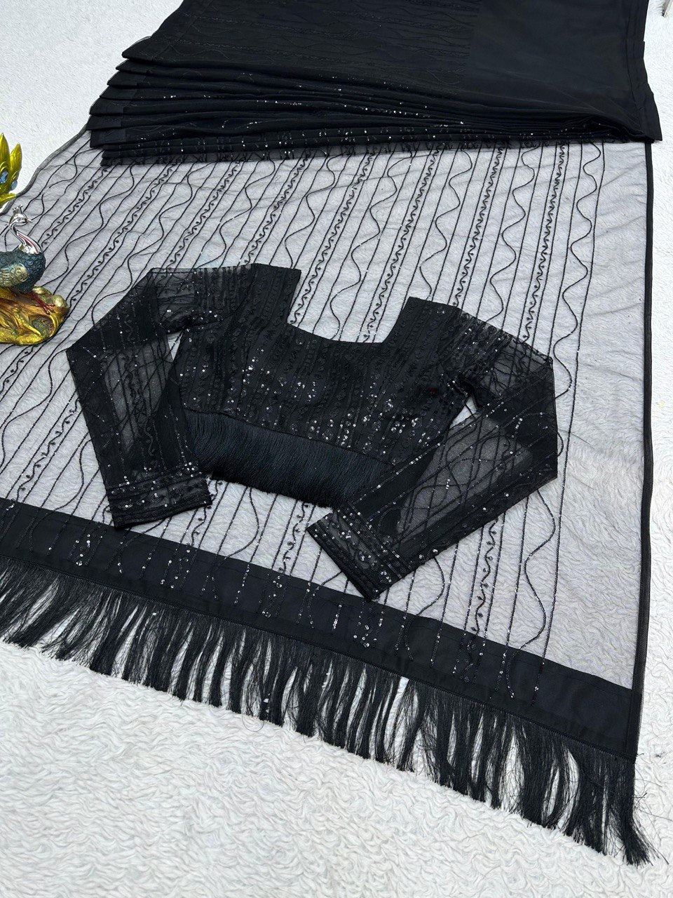 Liecryart Heavy Net Ready-to-Wear Designer Saree – Sequence Work with Fancy Lace & Matching Blouse