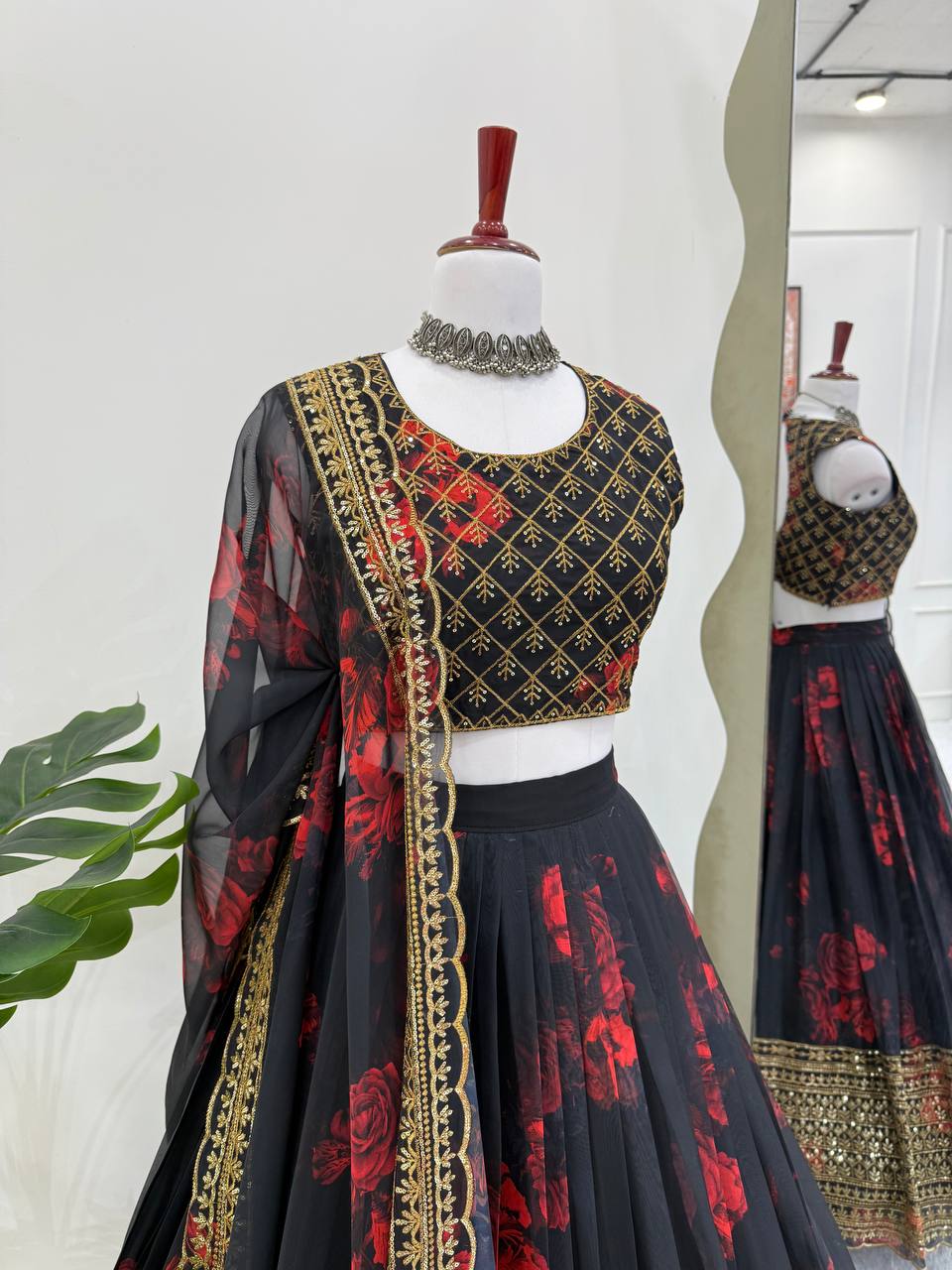 Liecryart Premium Reyon Semi-Stitched Lehenga Set – Digital Print, Mirror & Lace Work, Wedding & Festive Wear