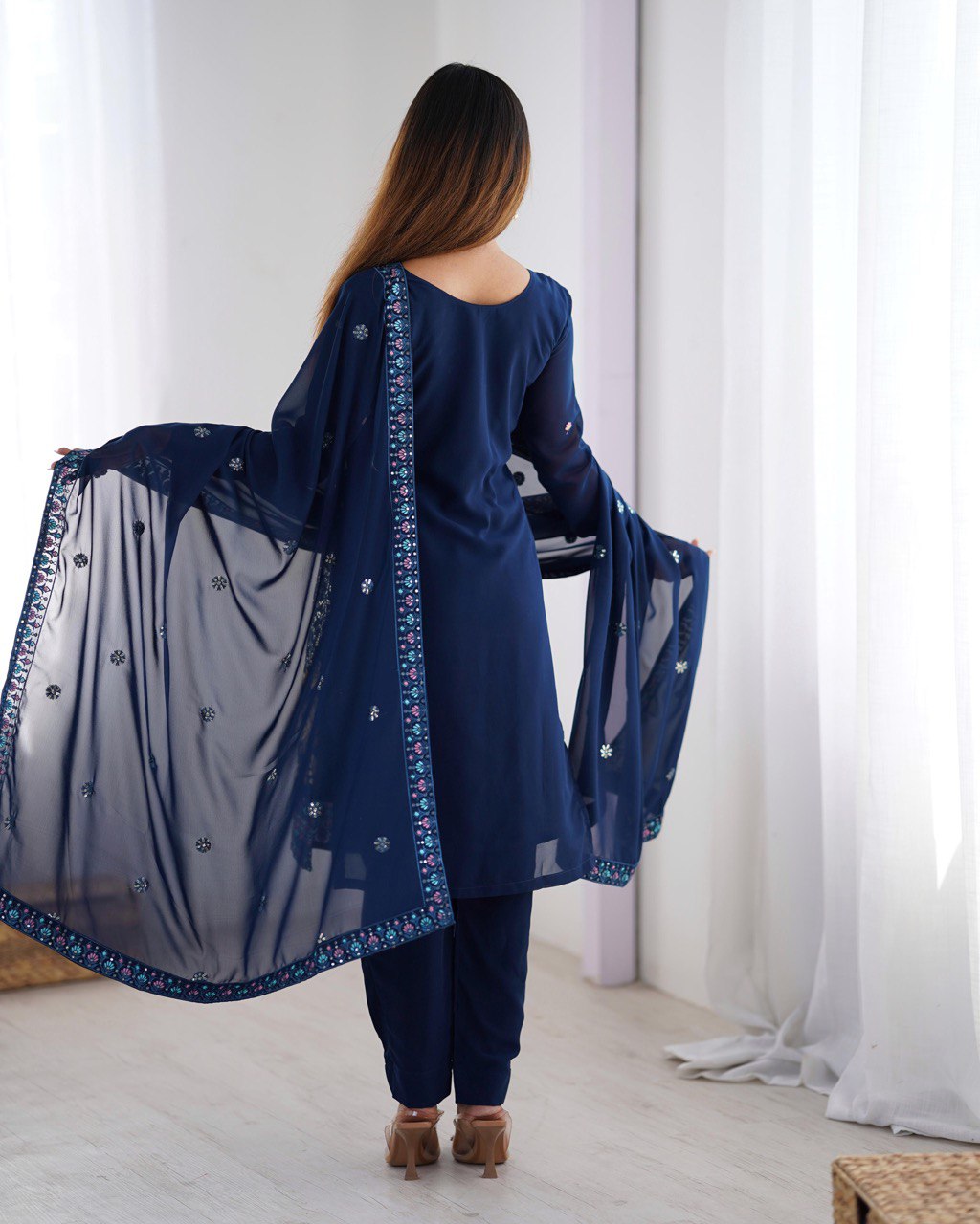 Faux Georgette Top & Pant Set with Real Mirror Work