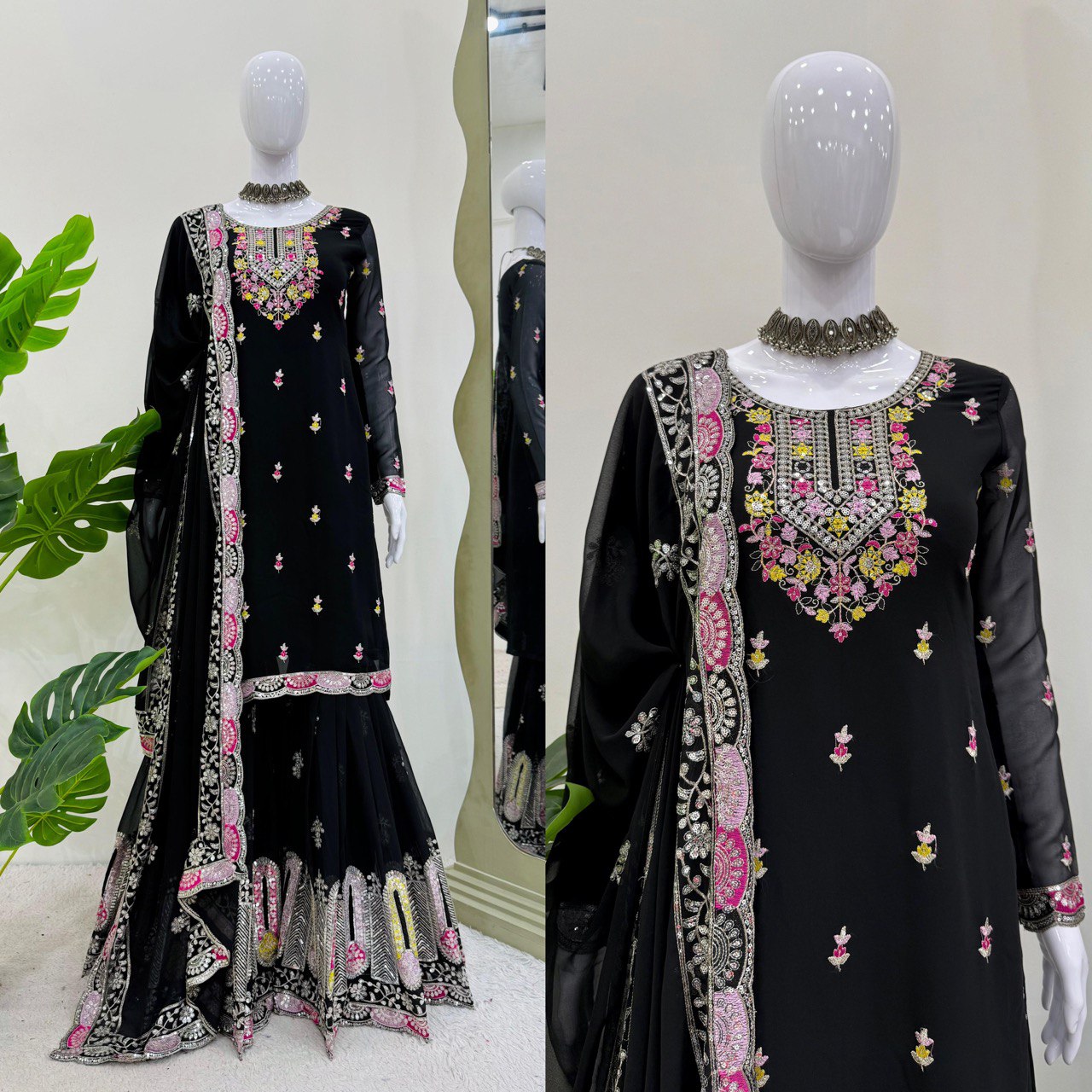 Faux Georgette Embroidered Top & Sharara Set with Dupatta | Front & Back Work | 3-Piece Ethnic Outfit