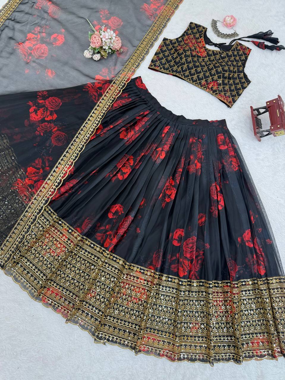 Liecryart Premium Reyon Semi-Stitched Lehenga Set – Digital Print, Mirror & Lace Work, Wedding & Festive Wear