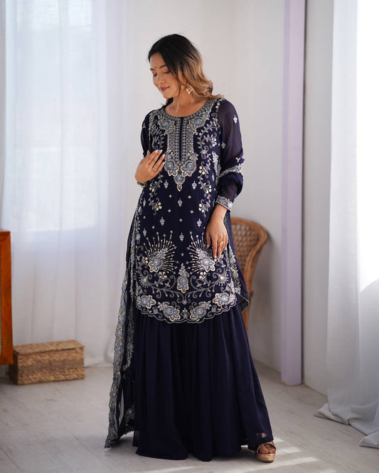 Premium Faux Georgette Sharara Set – Thread & Sequin Work | Front & Back Embroidery | With Dupatta